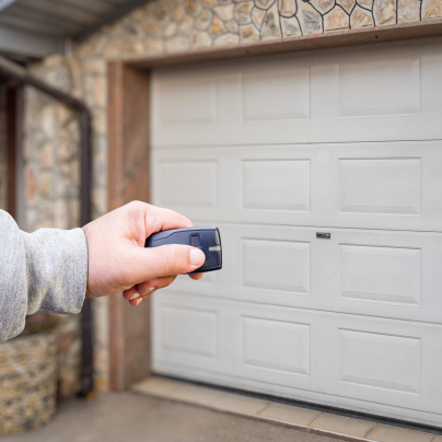 Lexington security key fob pointing to a garage door