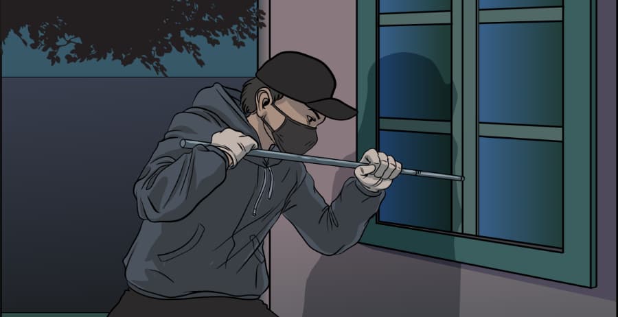 Illustration of burglar forcing entry through a window in Lexington